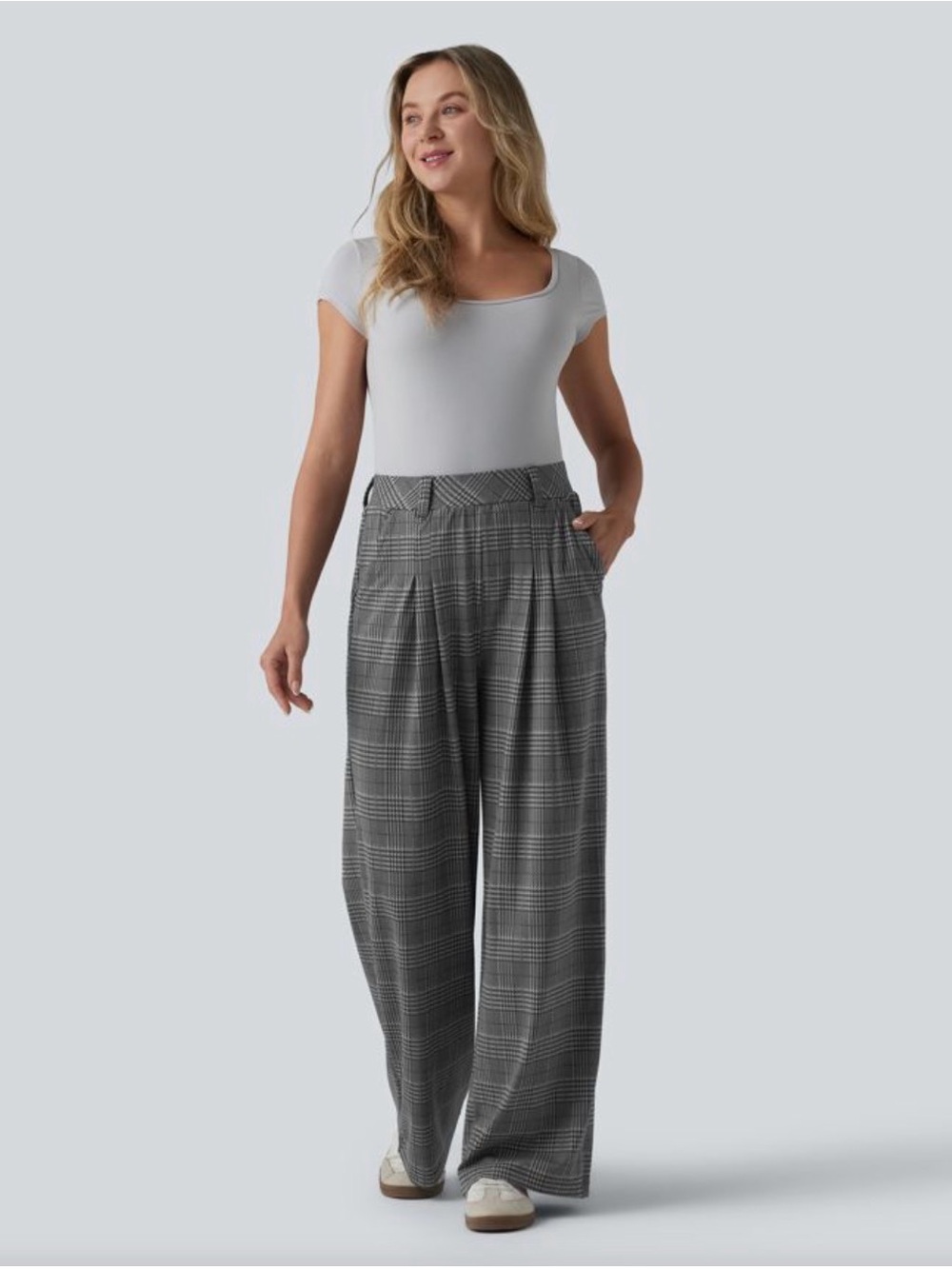 High Waisted Wide Leg Houndstooth
Plaid Casual Pants with Pockets Small Regular